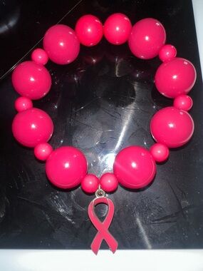 Pink Beaded Ribbon Charm Bracelet - Women's Jewelry